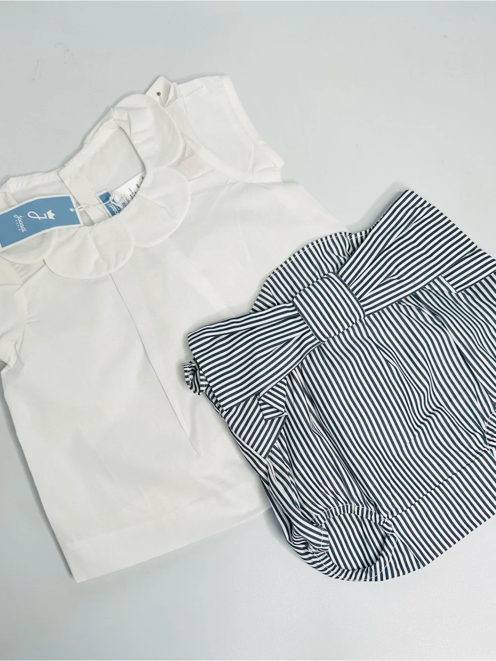 Jacadi White Peter Pan Collar Top with Navy Striped Bow Bloomer